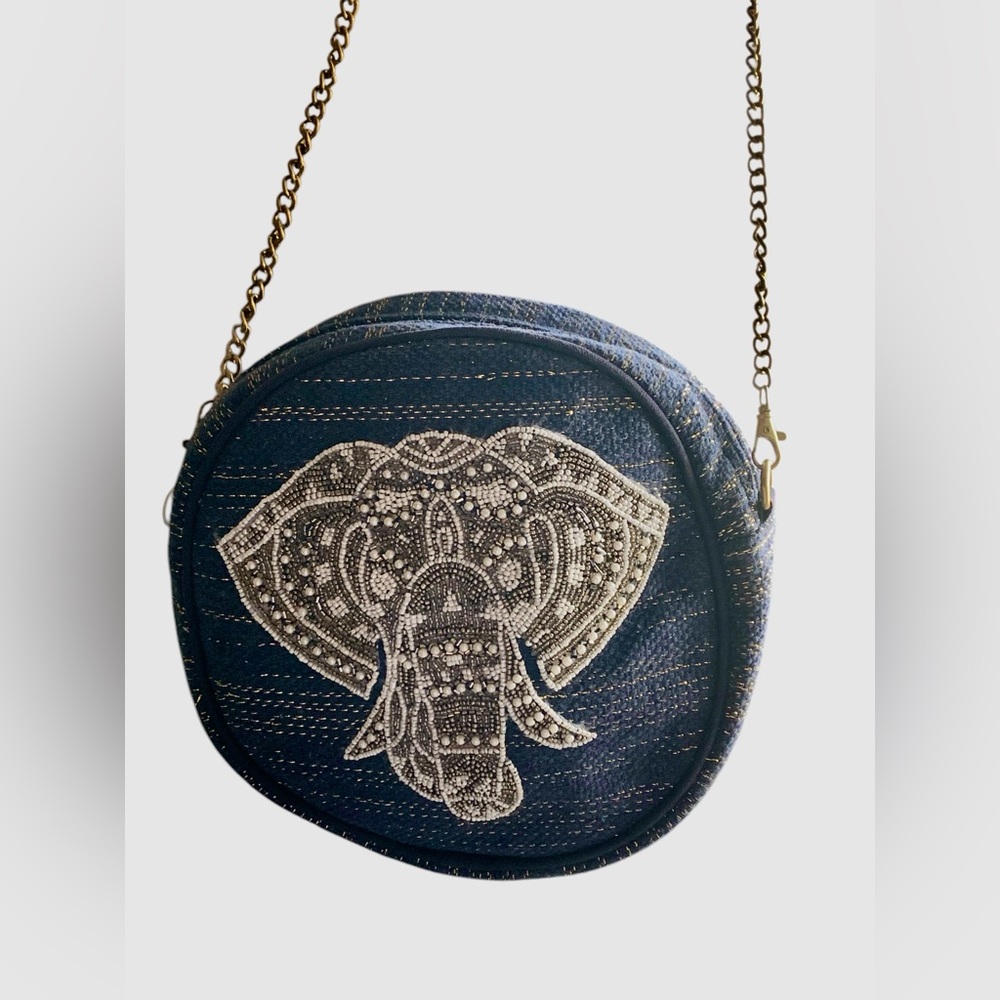 AMERICA & BEYOND Blue & Gold Threaded Beaded Elephant Brass Chain Crossbody Bag